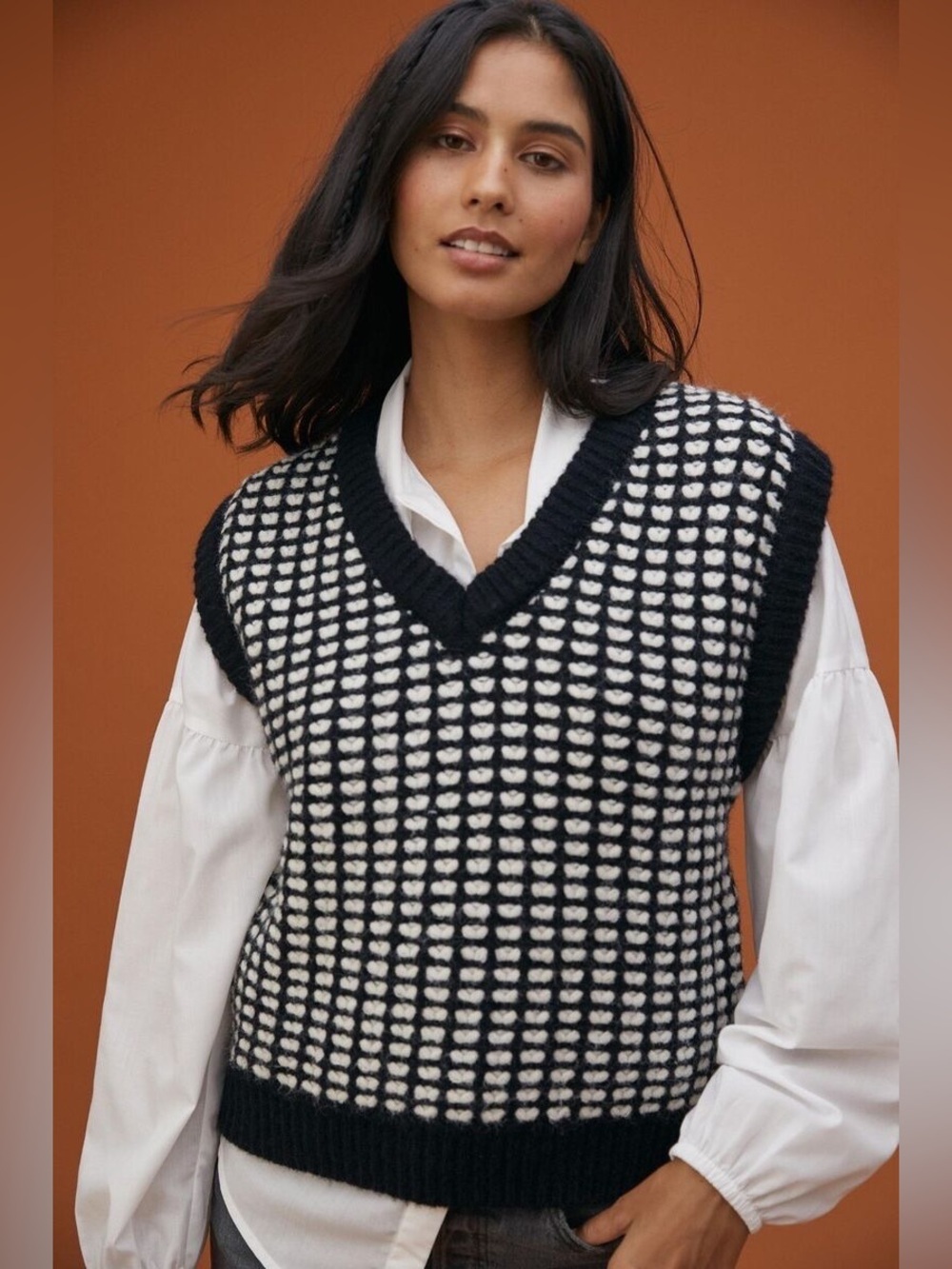 Find Me Now Anthropologie Textured Sweater Vest Black White XS Chunky Preppy